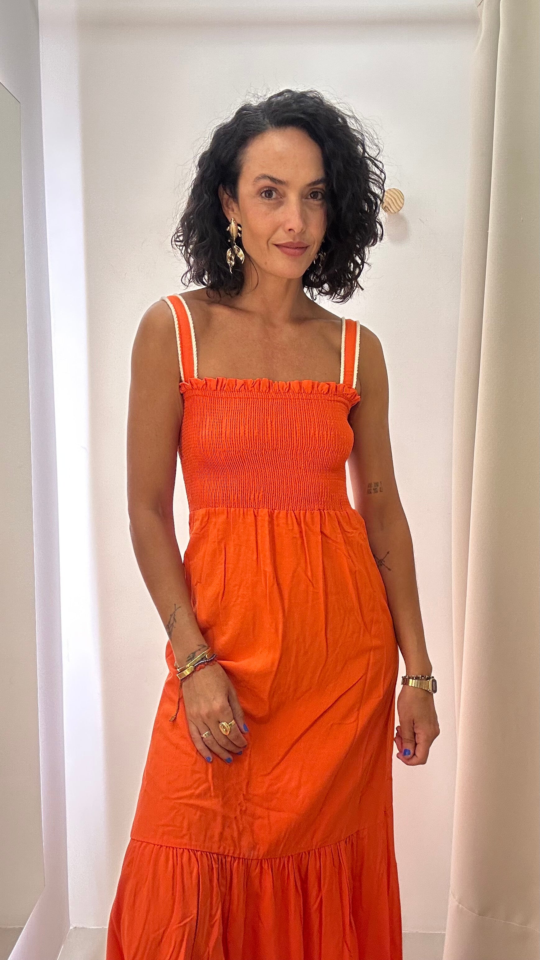 Vestido Longo Laranja com Busto Franzido