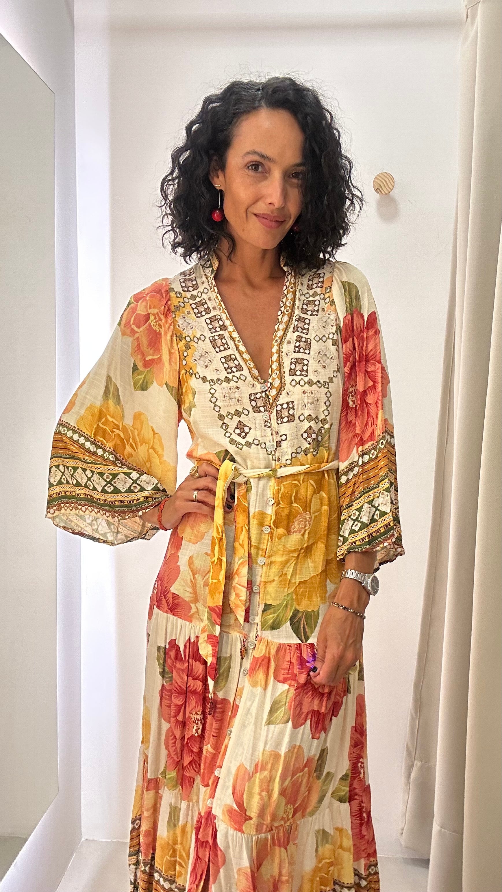 Vestido Longo Manga 3/4 Estampa Floral
