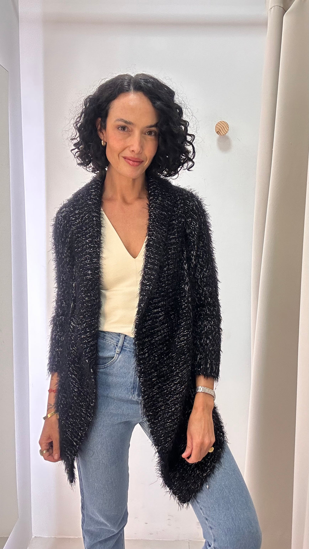 Cardigan Tricot Alongado Mescla P&B