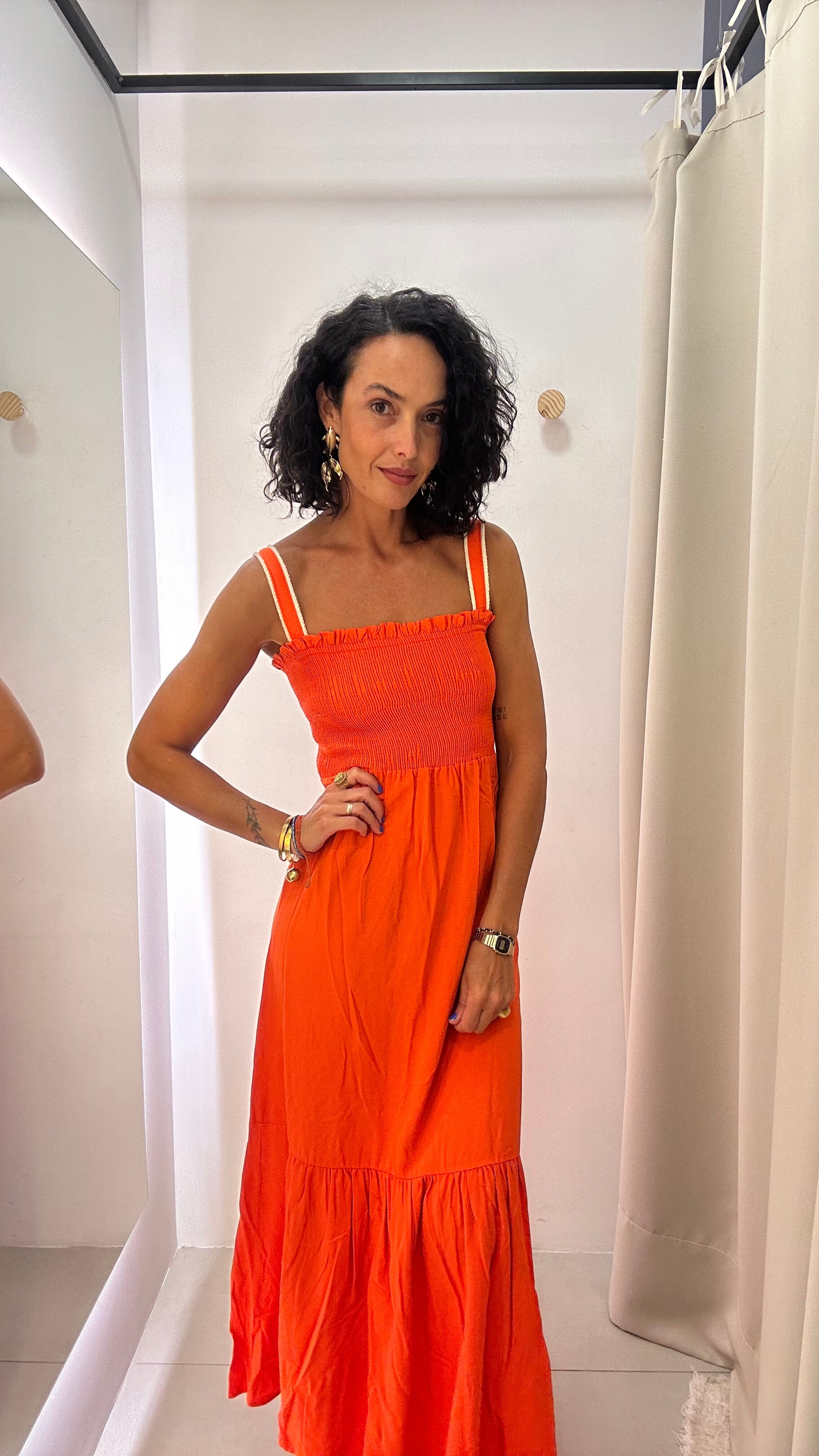 Vestido Longo Laranja com Busto Franzido