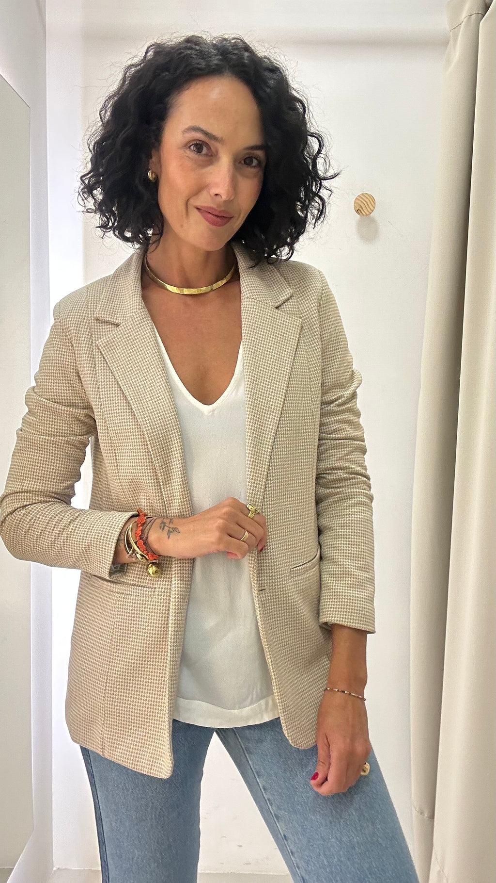 Blazer Estampado Reto Bege