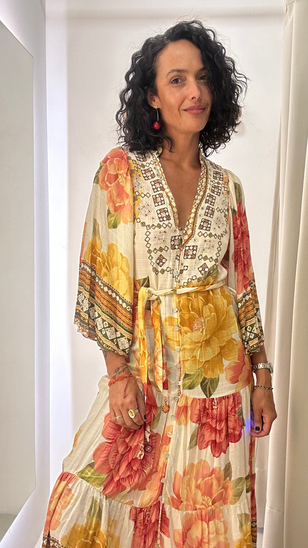 Vestido Longo Manga 3/4 Estampa Floral