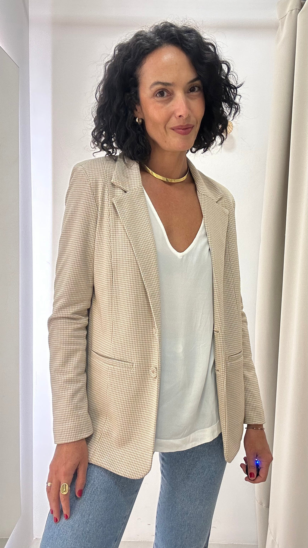 Blazer Estampado Reto Bege