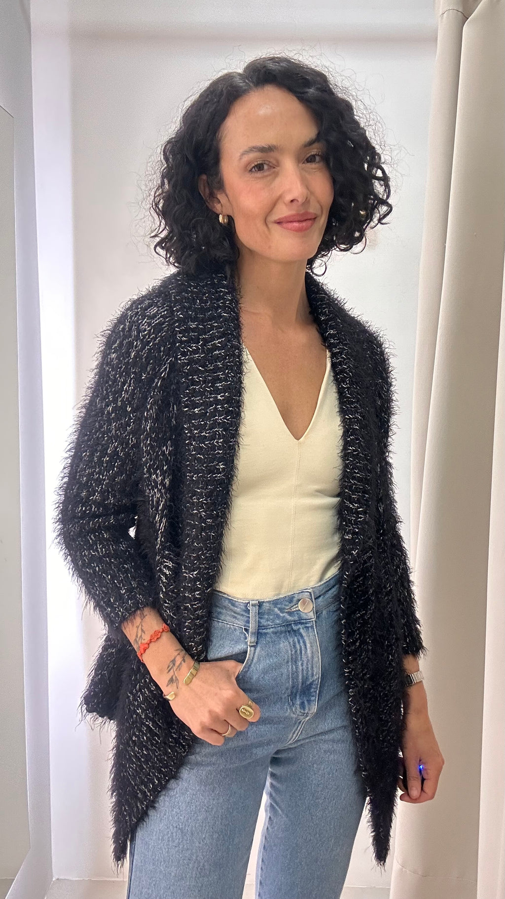 Cardigan Tricot Alongado Mescla P&B