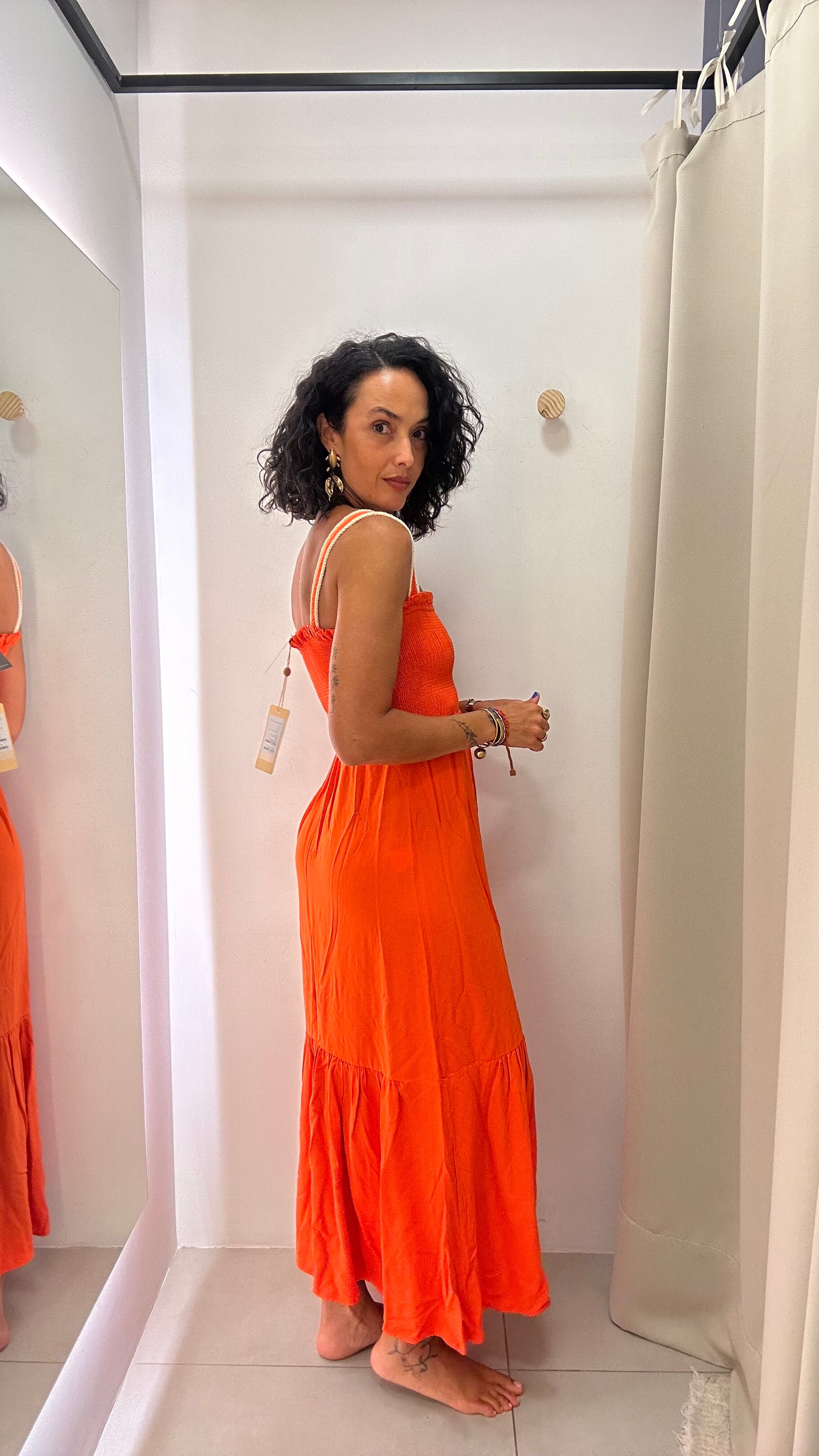Vestido Longo Laranja com Busto Franzido