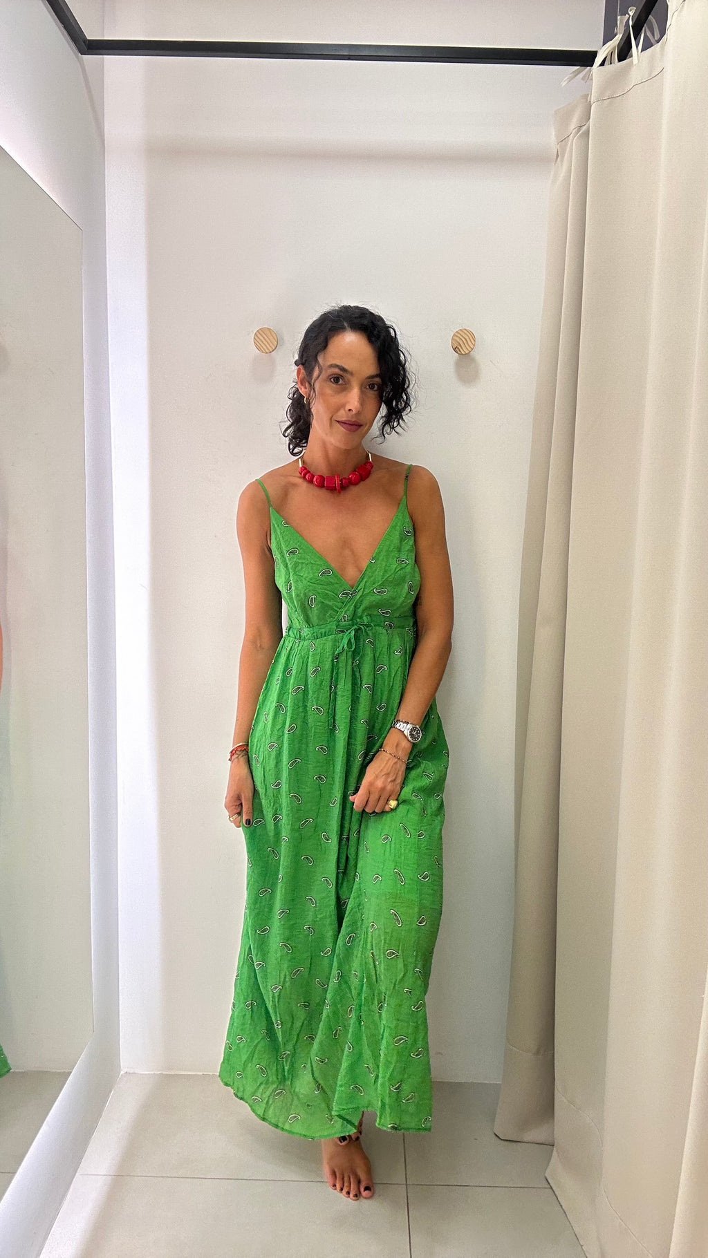 Vestido Longo Padrão Paisley Verde