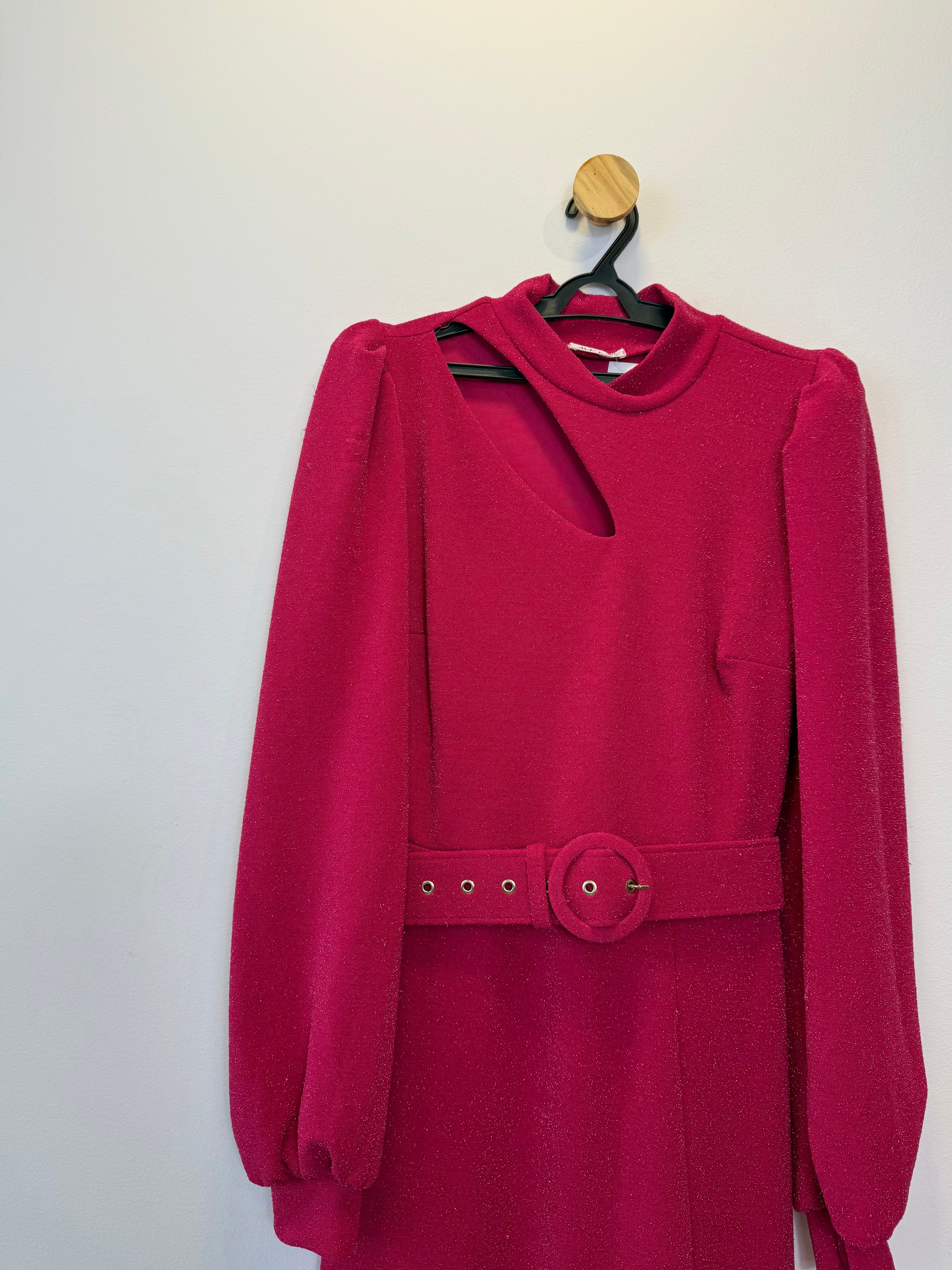 Vestido Longo Rosa Manga Comprida