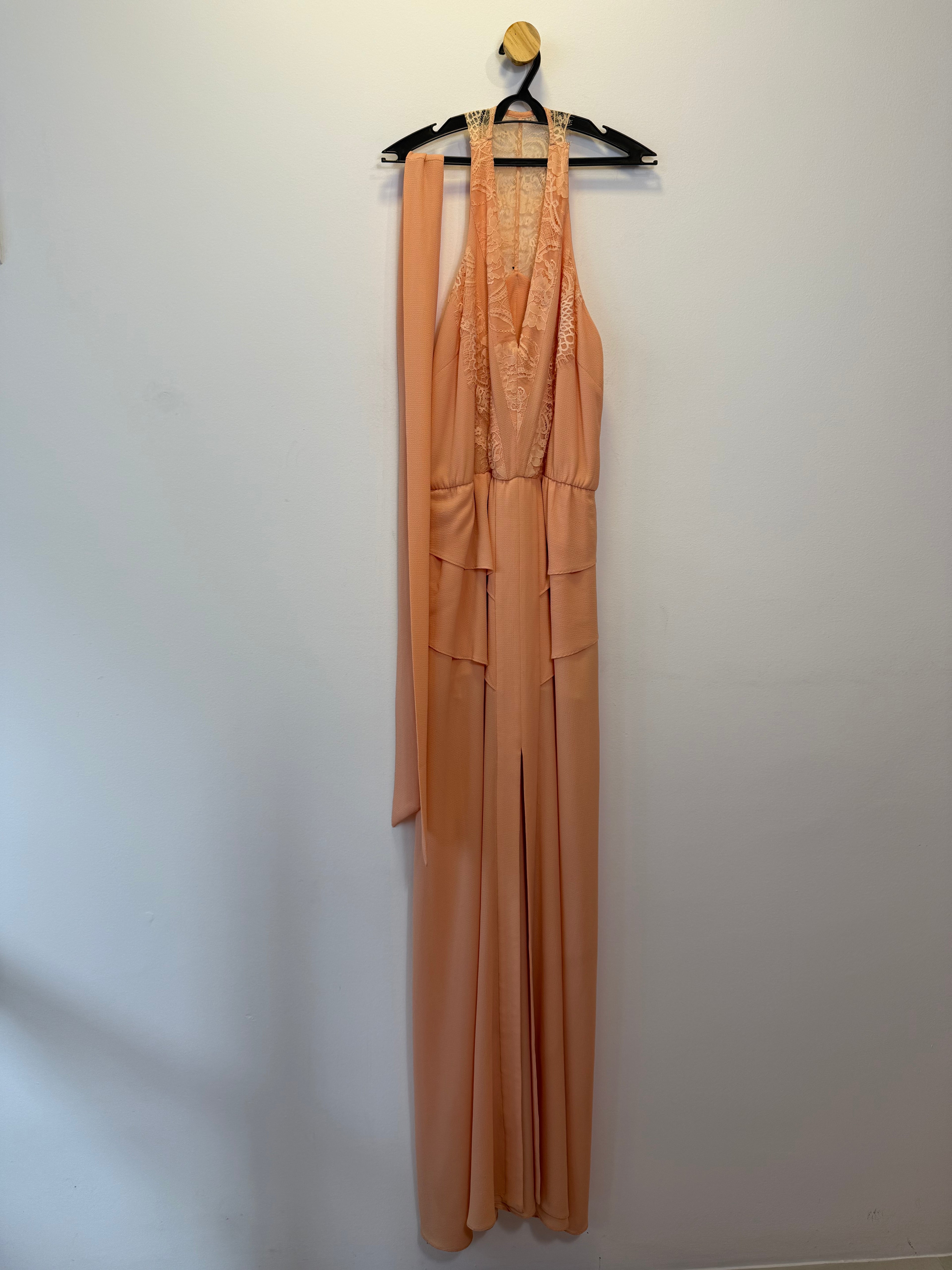 Vestido de Festa Salmão com Detalha em Renda