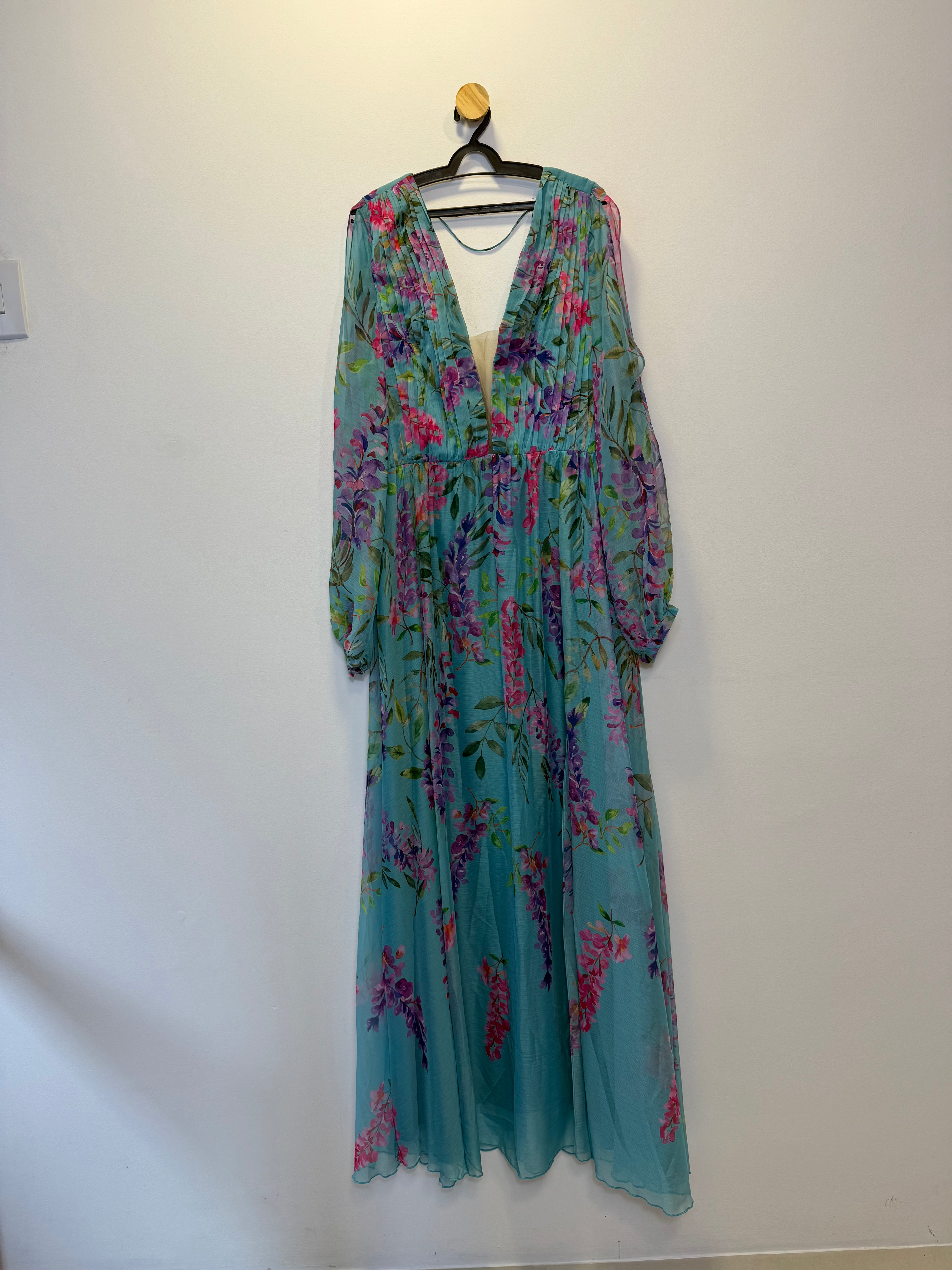 Vestido de Festa Longo Azul Floral Manga Bufante