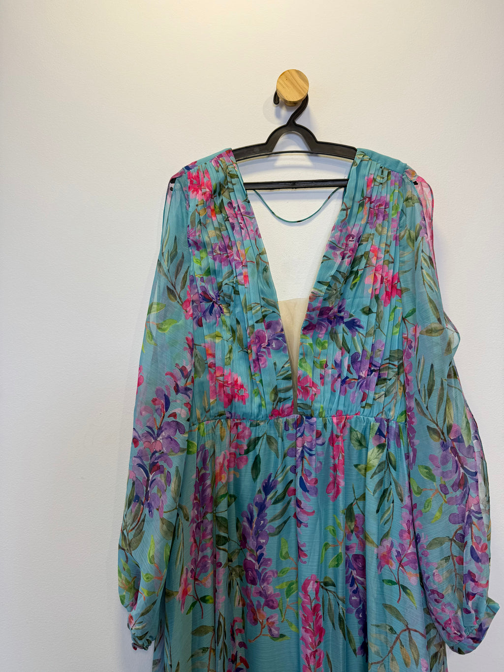 Vestido de Festa Longo Azul Floral Manga Bufante