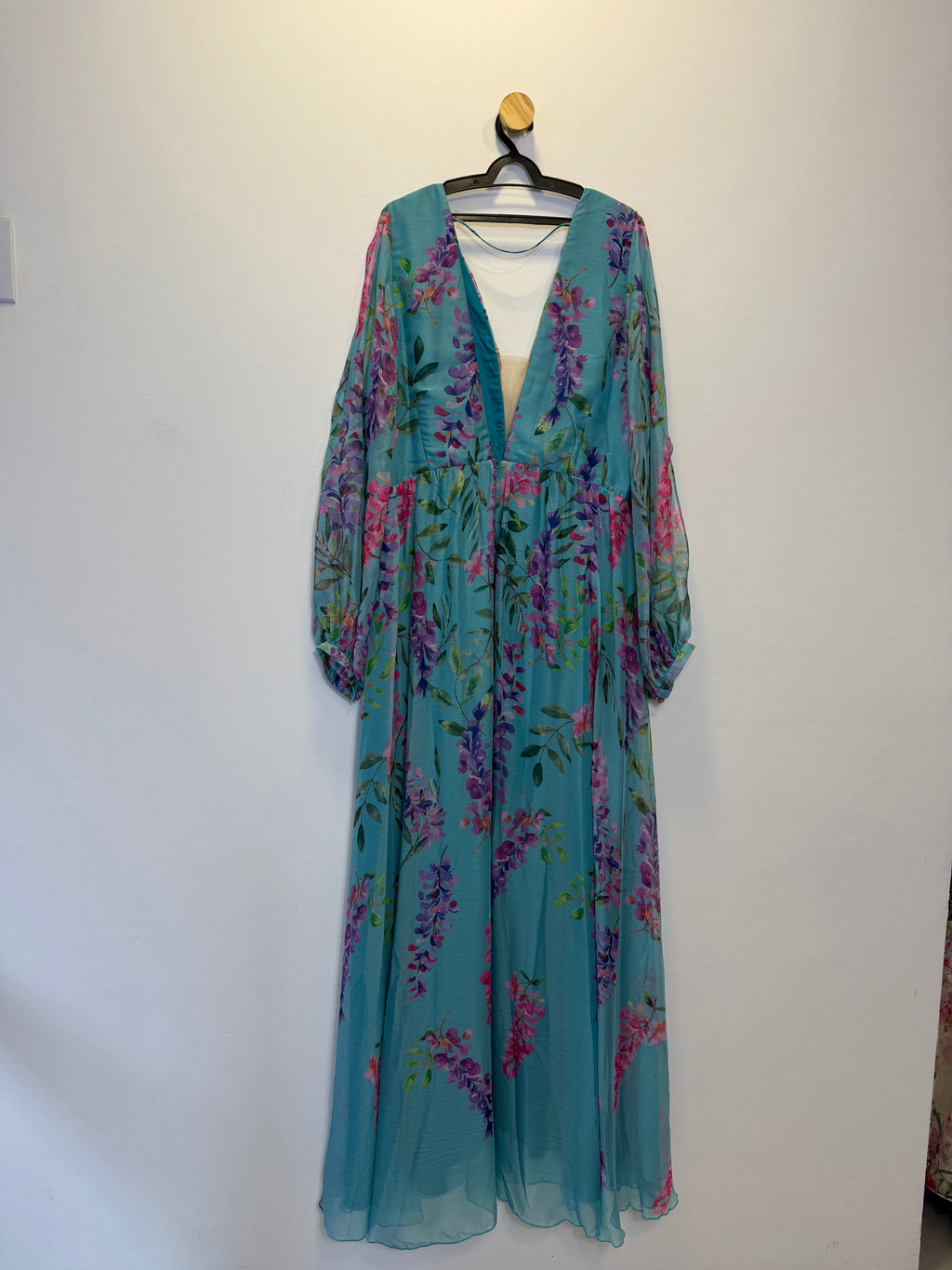 Vestido de Festa Longo Azul Floral Manga Bufante