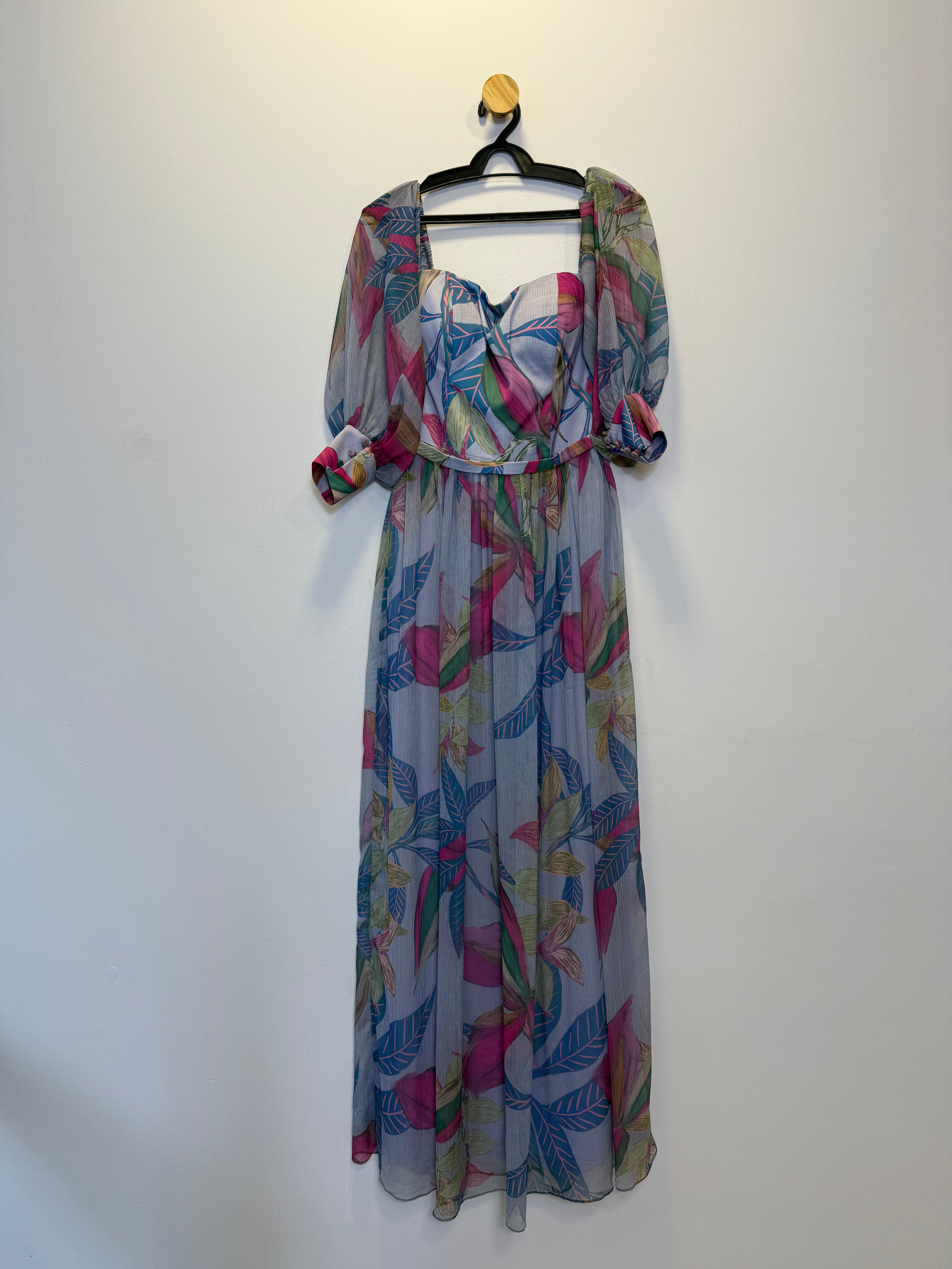 Vestido de Festa Longo Floral Manga Princesa
