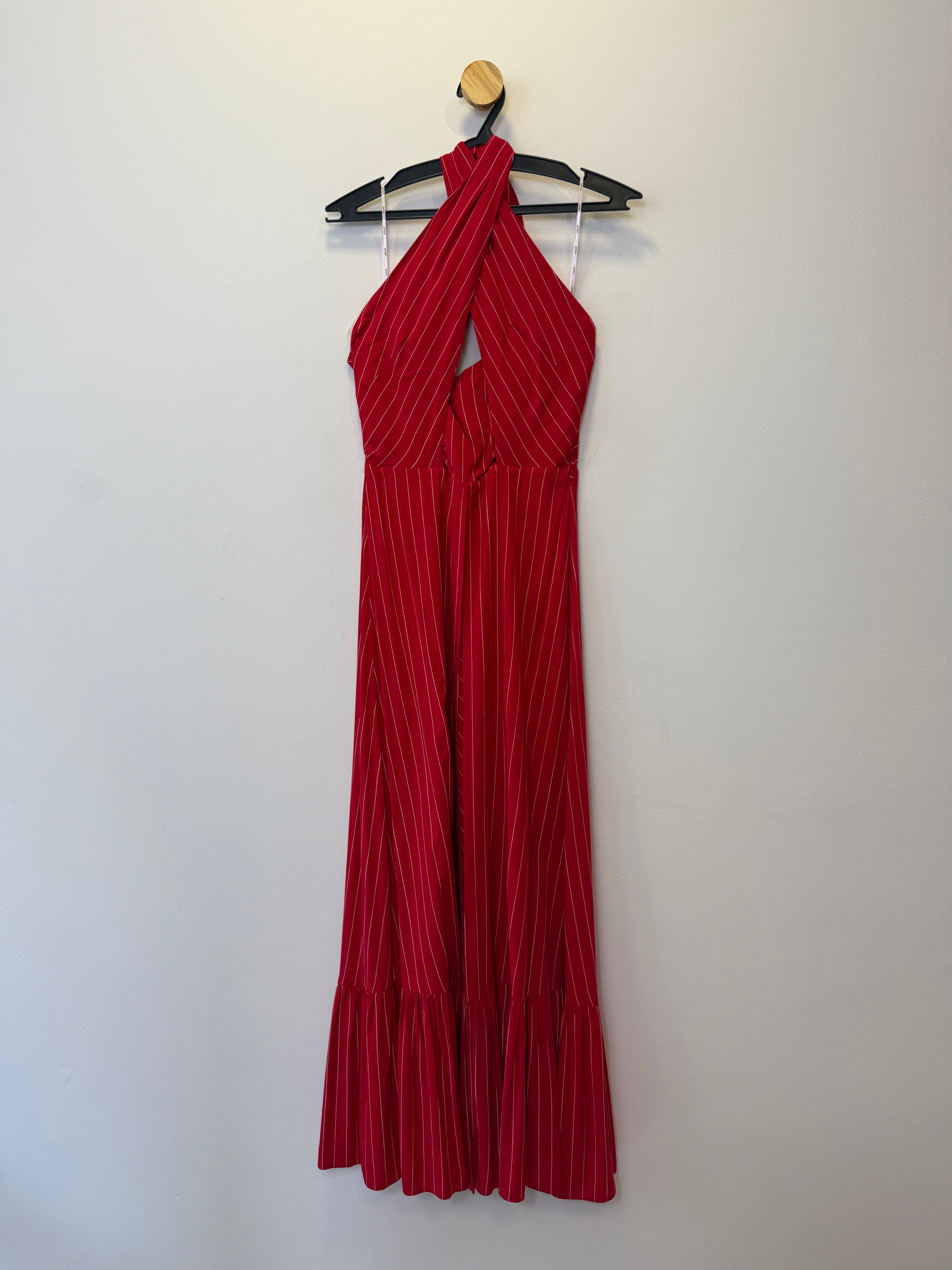 Vestido Vermelho Risca de Giz