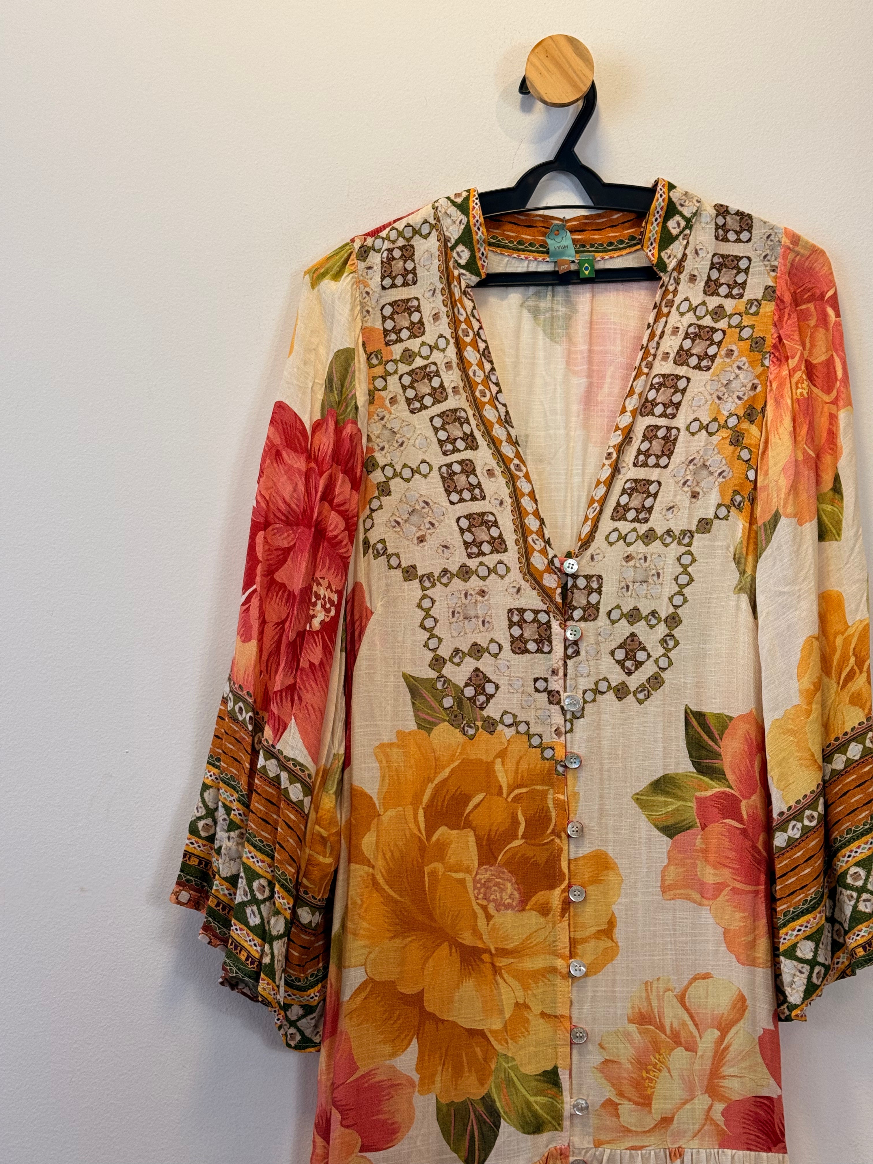 Vestido Longo Manga 3/4 Estampa Floral