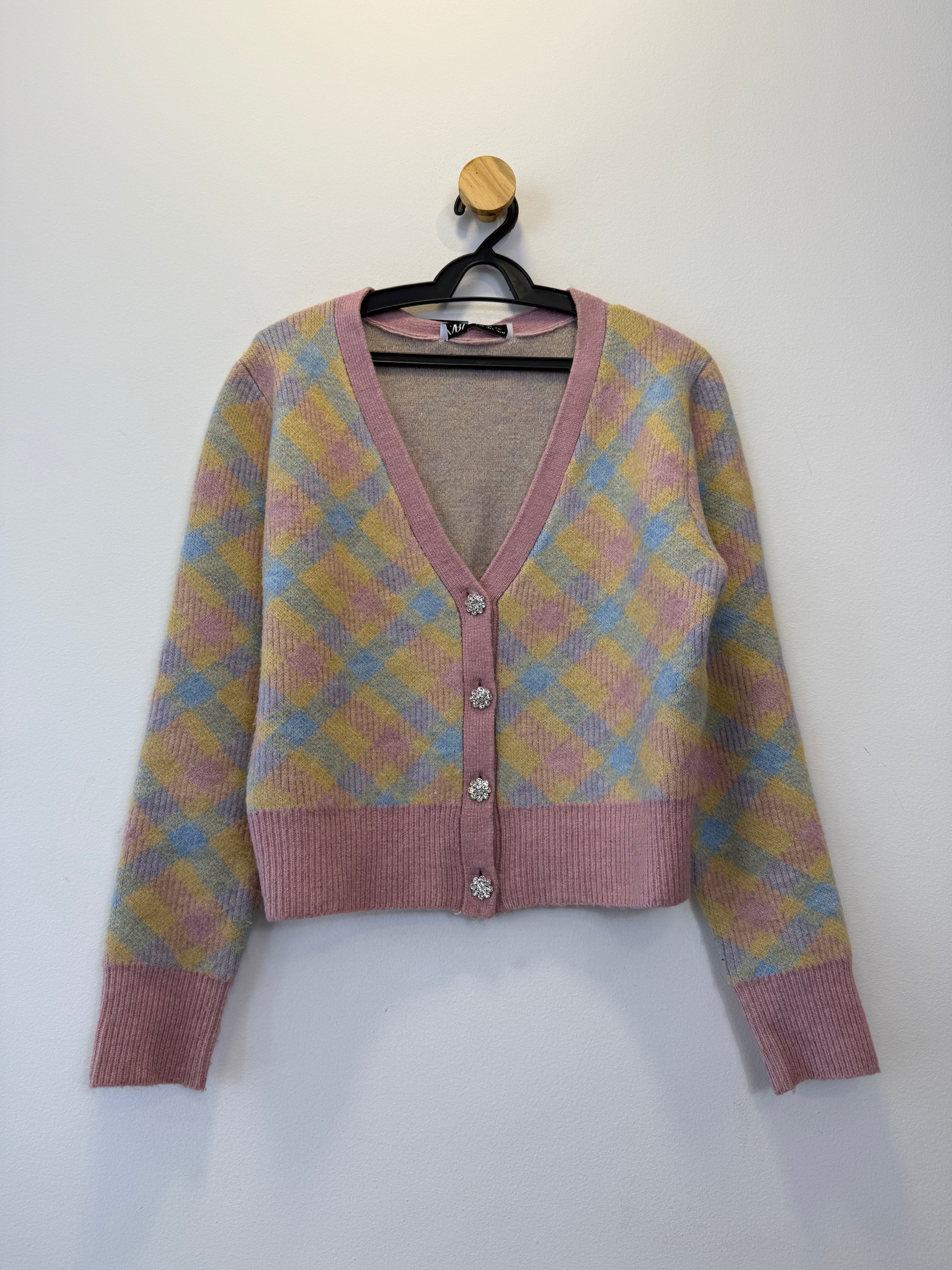 Cardigan Tricot Xadrez Colorido