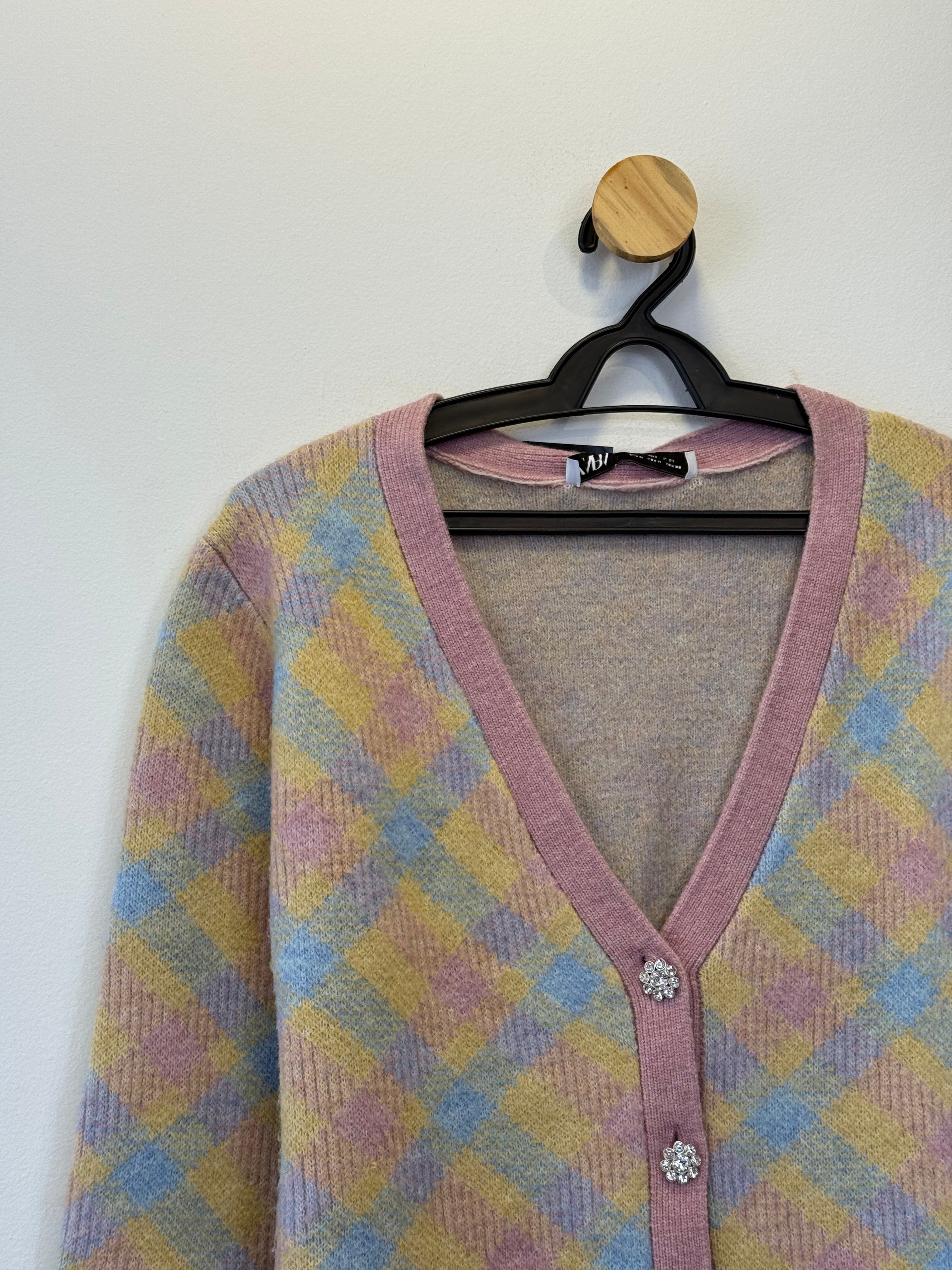 Cardigan Tricot Xadrez Colorido