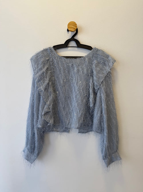 Blusa Azul com Babados e Bordado